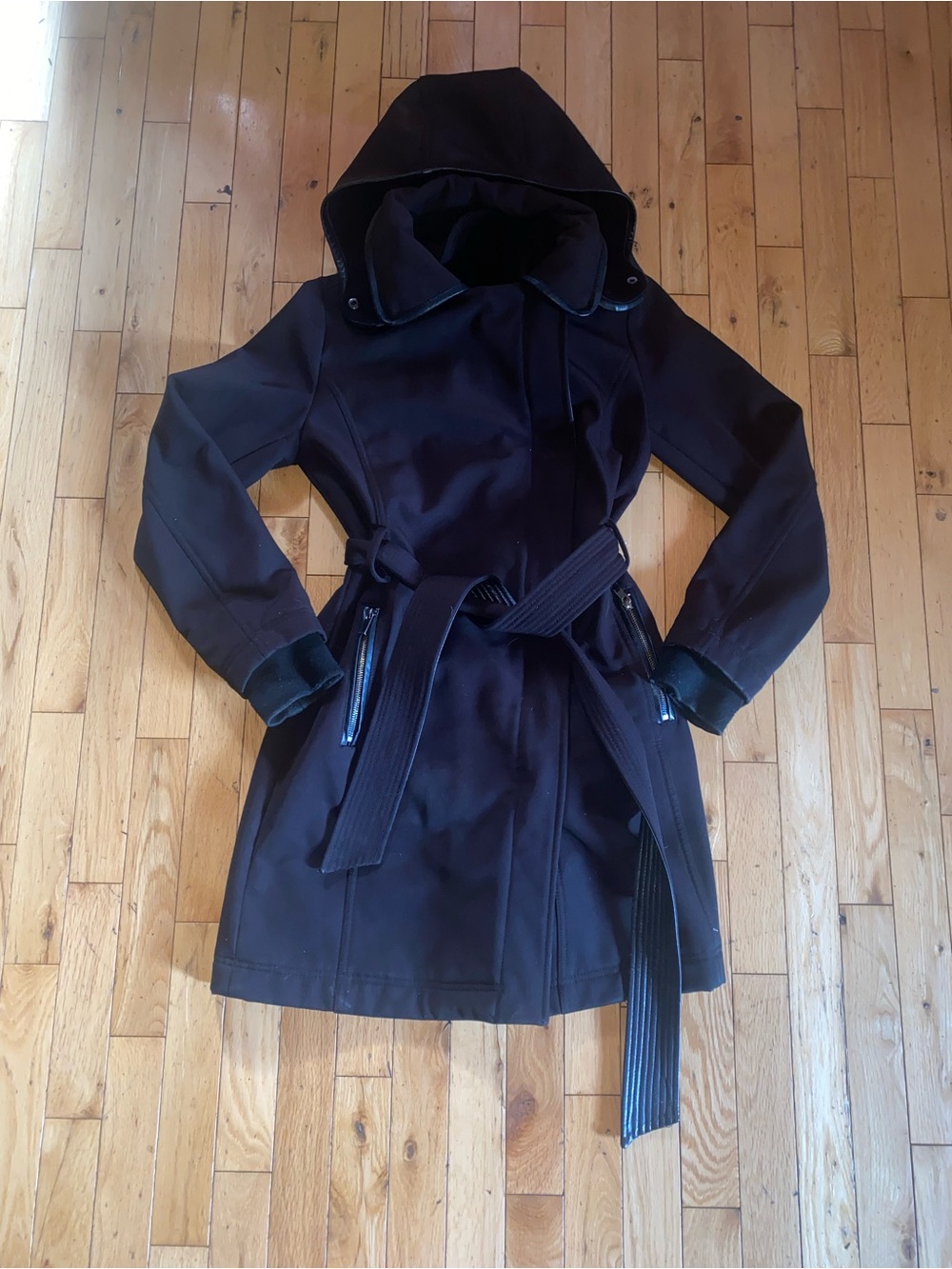 Badgley Mischka Women's Black Hooded Trench Coat - Classic Belted Style Faux Fur